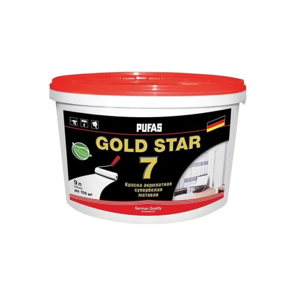 Акрилатная краска Pufas GOLD STAR 7 супербелая мат. Основа А мороз. 9л11,9кг тов-130468 Акрилатная краска Pufas GOLD STAR 7 супербелая мат. Основа А мороз. 9л11,9кг тов-130468