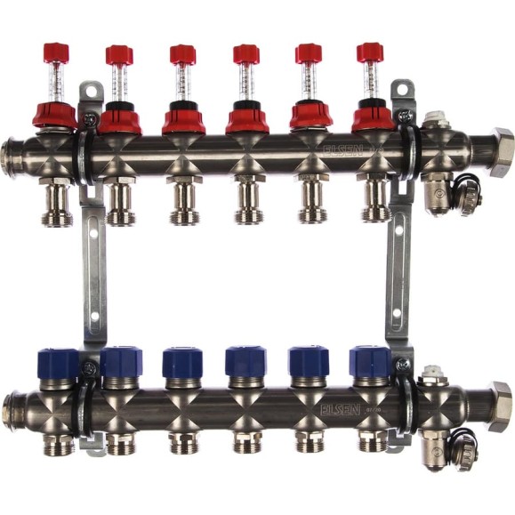 Коллекторная группа ELSEN 1", 6 контуров, размер отвода-3/4", нержавеющая сталь EMi03.06