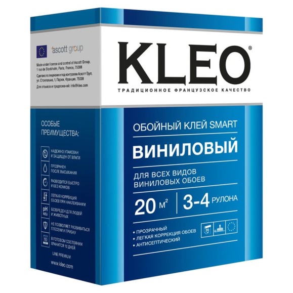 Обойный клей для виниловых обоев KLEO сыпучий 020 SMART 3-4 Обойный клей для виниловых обоев KLEO сыпучий 020 SMART 3-4