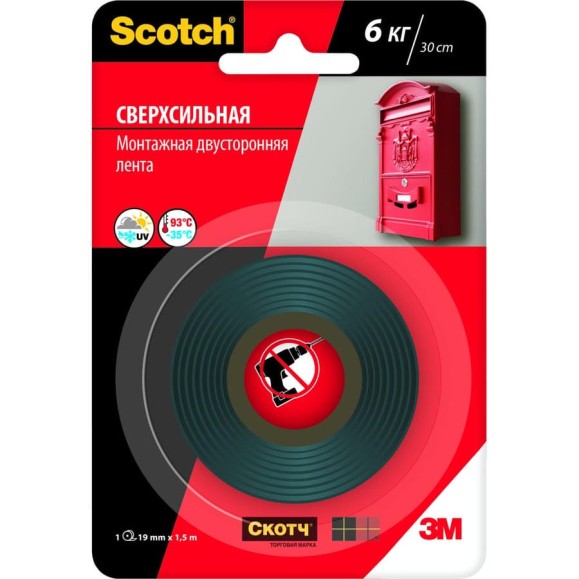 Клейкая монтажная лента Scotch сверхпрочная 19мм х 1,5м 7100094889