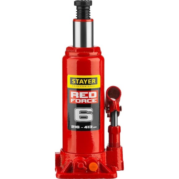 Гидравлический бутылочный домкрат STAYER RED FORCE, 6т, 216-413 мм, 43160-6 43160-6_z01 Гидравлический бутылочный домкрат STAYER RED FORCE, 6т, 216-413 мм, 43160-6 43160-6_z01