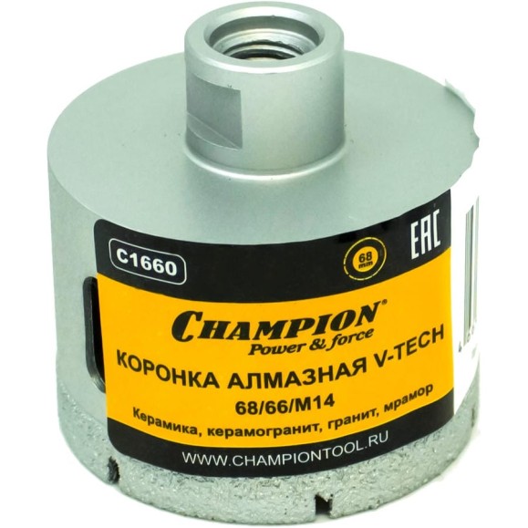 Коронка алмазная V-tech по керамике, керамограниту, граниту, мрамору (68х66 мм; М14) CHAMPION C1660 Коронка алмазная V-tech по керамике, керамограниту, граниту, мрамору (68х66 мм; М14) CHAMPION C1660
