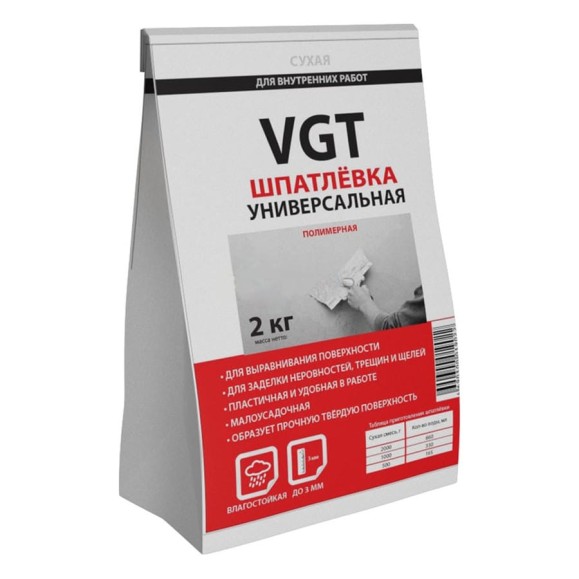 Универсальная полимерная сухая шпаклевка 2 кг для внутренних работ VGT 11601971 Универсальная полимерная сухая шпаклевка 2 кг для внутренних работ VGT 11601971