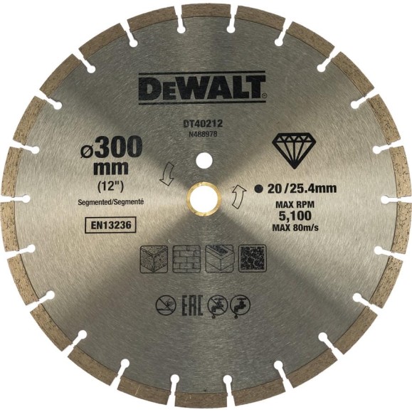 Круг алмазный сегментированный 300х25.4/20 мм DEWALT DT40212