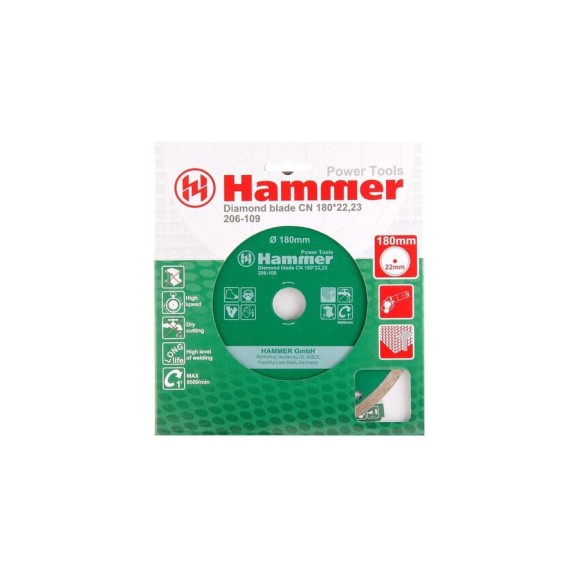 Диск алмазный сплошной по керамике Flex 206-109 (180х22 мм) HAMMER 30693