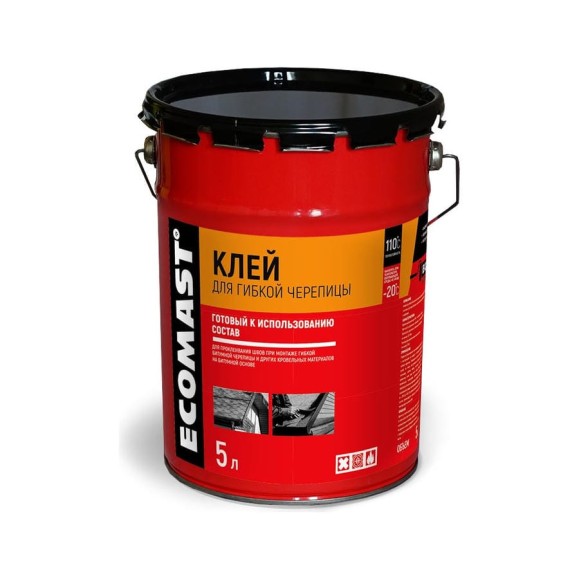 Клей для гибкой черепицы ECOMAST 5л, металлическая упаковка, 4шт 24615 Клей для гибкой черепицы ECOMAST 5л, металлическая упаковка, 4шт 24615