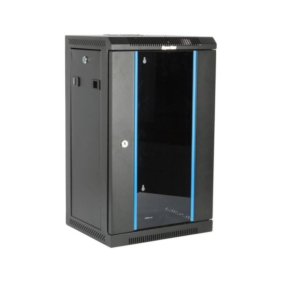 Настенный шкаф Hyperline TDC-9U-GR-RAL9004 10'', 9U, 480x370x300, установочный размер, 254 мм, со стеклянной дверью, открывающиеся стенки, возможность установки вентилятора