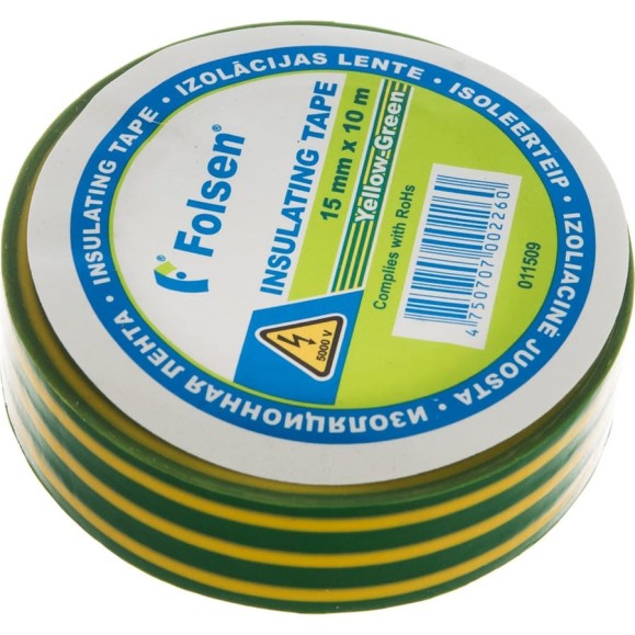 Изоляционная лента Folsen 15ммx10м желто-зеленая 011509 Изоляционная лента Folsen 15ммx10м желто-зеленая 011509