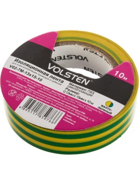 Изолента Volsten V02-7M-13х15-10 0,13х15 мм, желто-зеленая, 10 метров 10287