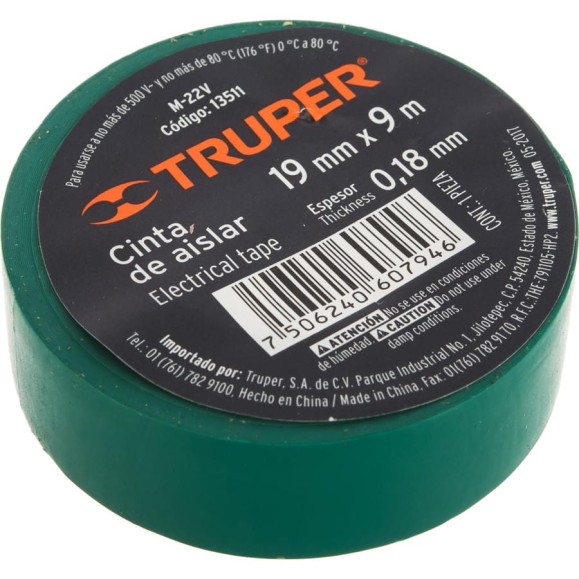 Изолента Truper акрил, 9 м, ширина 19 мм, зеленая M-22V 13511