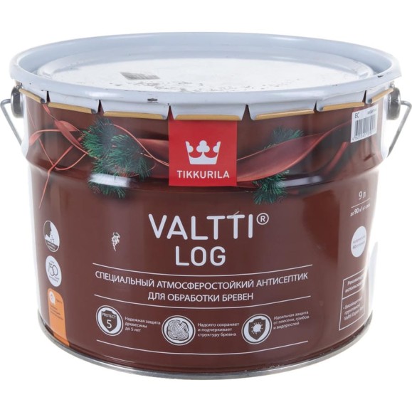 Антисептик Tikkurila VALTTI LOG специальный для бревен, атмосферостойкий, бесцветный 9л 51837 700010347 Антисептик Tikkurila VALTTI LOG специальный для бревен, атмосферостойкий, бесцветный 9л 51837 700010347