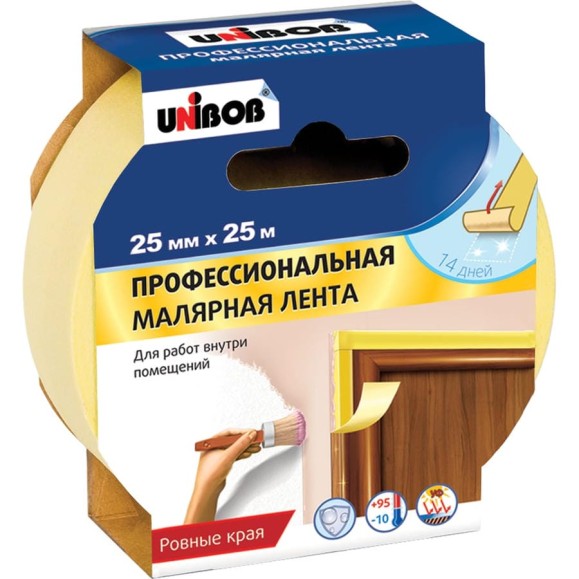 Малярная клейкая лента UNIBOB Профи 25 мм х 25 м для внутр. работ, желтый 214975 Малярная клейкая лента UNIBOB Профи 25 мм х 25 м для внутр. работ, желтый 214975