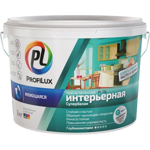 Латексная моющаяся краска Profilux ВД PL 13L супербелая 3 кг Н0000001059
