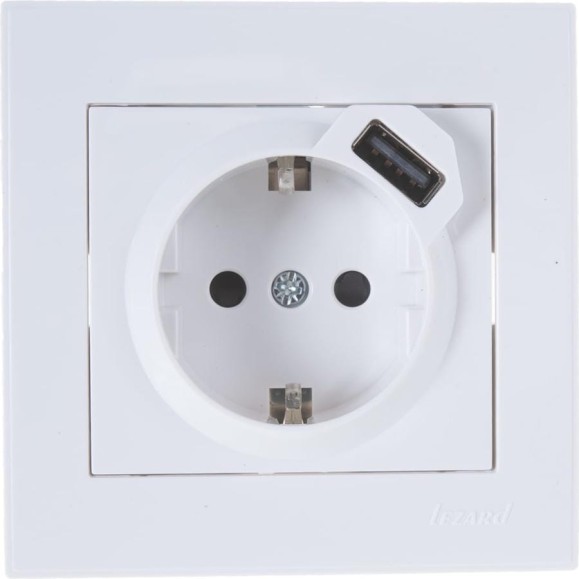 Розетка + USB-разъём Lezard RAIN, с заземлением, белый, 703-0202-181 Розетка + USB-разъём Lezard RAIN, с заземлением, белый, 703-0202-181