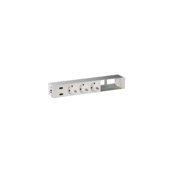 Врезной розеточный блок с крышкой и металлическим вводом Simon 3x2PE, 2xUSB зарядных устройства, 2 свободных модуля, алюминий, S400 45623000-133 Врезной розеточный блок с крышкой и металлическим вводом Simon 3x2PE, 2xUSB зарядных устройства, 2 свободных модуля, алюминий, S400 45623000-133