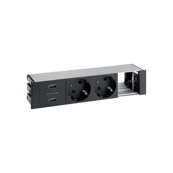 Врезной розеточный блок с крышкой и металлическим вводом Simon 2x2PE, 2xUSB зарядных устройства,1 свободный модуль, черный, S400 45422000-138 Врезной розеточный блок с крышкой и металлическим вводом Simon 2x2PE, 2xUSB зарядных устройства,1 свободный модуль, черный, S400 45422000-138