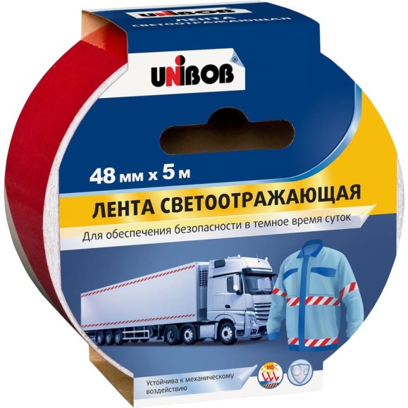 Клейкая лента UNIBOB разметочная, светоотражающая, 48 мм х 5 м, Красно Белая 214946