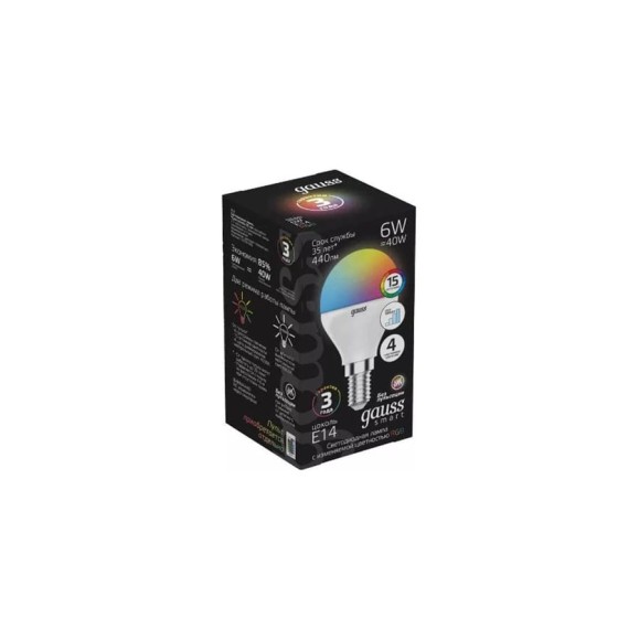 Лампа Gauss Smart LED, шар, G45, 6W, E14, RGBW+dim, 1/10/100 105101406 Лампа Gauss Smart LED, шар, G45, 6W, E14, RGBW+dim, 1/10/100 105101406
