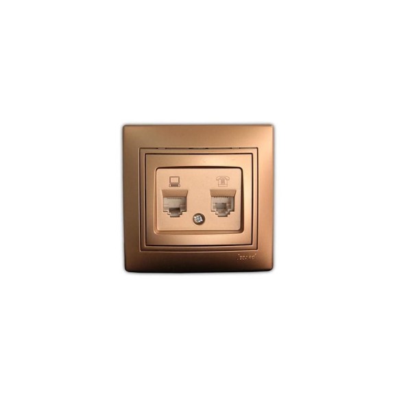 Двойная розетка, комп.+телеф.,RJ11/RJ45, СП, золотой металлик Lezard Мира 701-1313-143