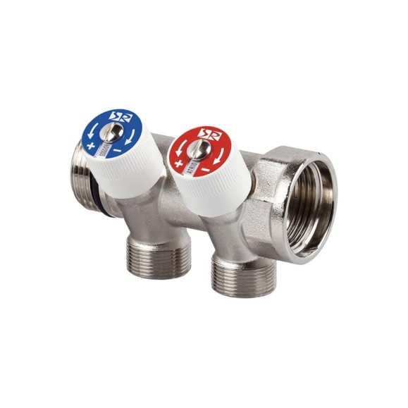 Распределительный коллектор со встроенными клапанами SR Rubinetterie 3/4"х1/2", на 2 выхода 0054-2000N200