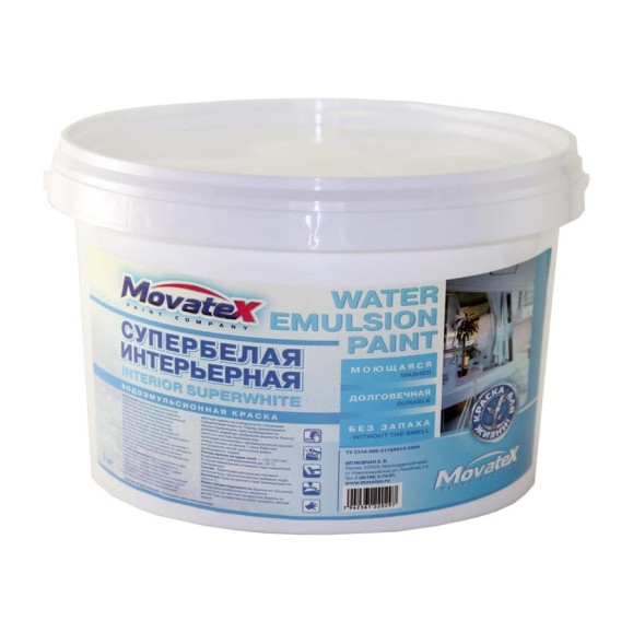 Водоэмульсионная интерьерная краска Movatex супербелая, моющаяся, 3 кг Т02327