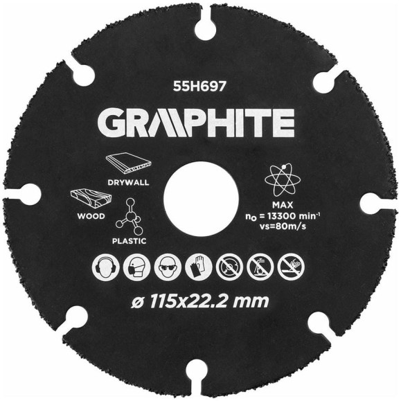 Диск режущий для дерева и пластика (115х22.2 мм; HM) GRAPHITE 55H697 Диск режущий для дерева и пластика (115х22.2 мм; HM) GRAPHITE 55H697