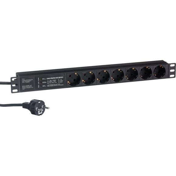 Блок розеток ExeGate ServerPro PDU-19H704 Al-7S-EU2.5CU-SPD3, 19, 1U, алюминий, 7Sch, евро, 2.5м, SPD3 280839