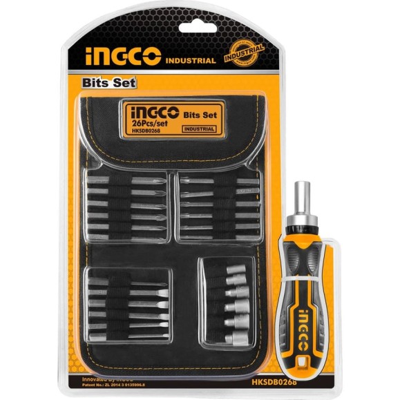 Отвертка с битами INGCO INDUSTRIAL трещоточная, 26шт HKSDB0268