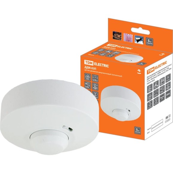 Датчик движения TDM ELECTRIC ДДМ-03П 5,8ГГц, 1200Вт, 10-720с, 1-8м, 3+лк, 180 сбоку+360 сверху гр, IP33 SQ0324-0028