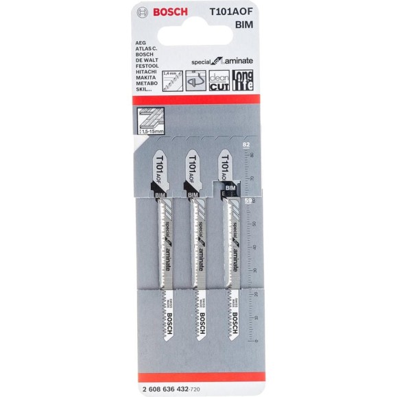 Пилки T101AOF для лобзика 3 шт. (59 мм; хвостовик с 1 упором; BIM) BOSCH 2.608.636.432