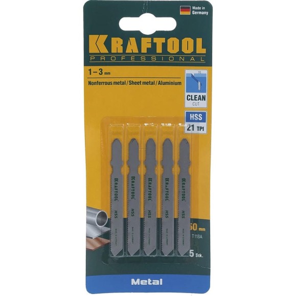 Пилки KRAFTOOL для эл/лобзика, HSS, по металлу, 1.5-2 мм, EU-хвост., шаг 1.2 мм, 50 мм, 5 шт 159551-1.2-S5