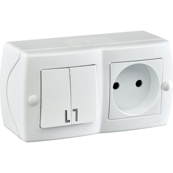 2-клавишный выключатель+розетка без заземления MONO ELECTRIC Octans, белый 104-010101-182