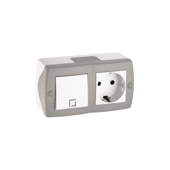 1-клавишный проходной выключатель+розетка с заземлением MONO ELECTRIC Octans, серый 104-020001-186