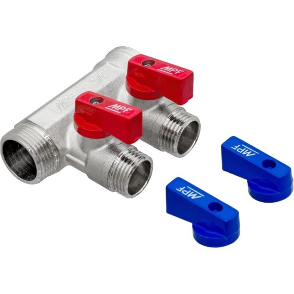 Коллектор с отсекающими кранами MPF 2 выхода х3/4", х1/2" наружная резьба ИС.071071