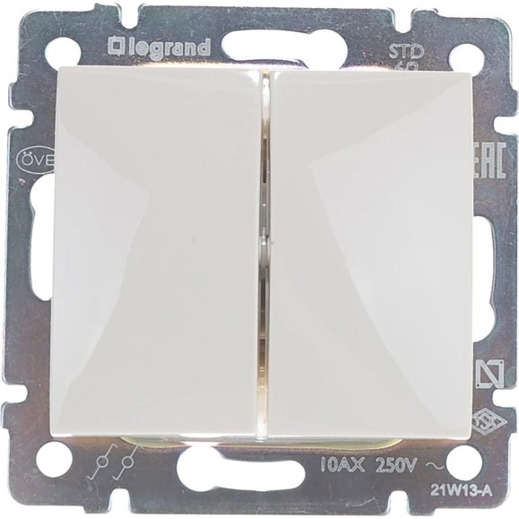 Переключатель Legrand двухклавишный Legrand Valena 10А 250В схема 6/2 безвинтовые зажимы слоновая кость 695604 Переключатель Legrand двухклавишный Legrand Valena 10А 250В схема 6/2 безвинтовые зажимы слоновая кость 695604