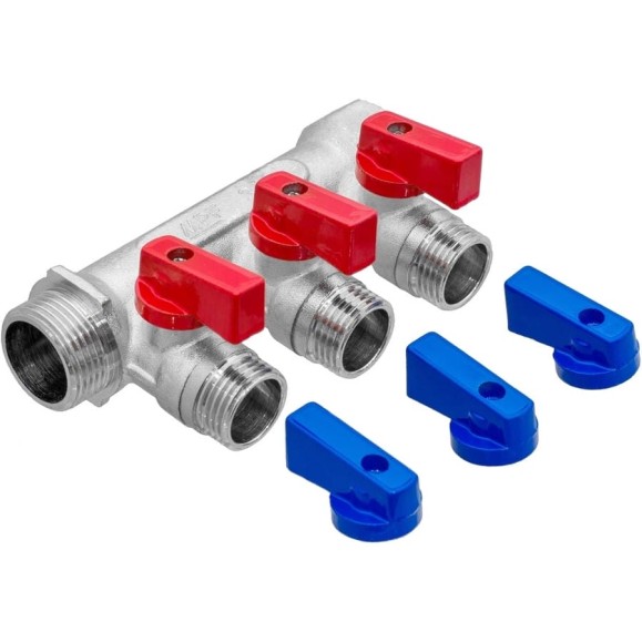 Коллектор с отсекающими кранами MPF 3 выхода х3/4" х1/2" наружная резьба ИС.071072 Коллектор с отсекающими кранами MPF 3 выхода х3/4" х1/2" наружная резьба ИС.071072