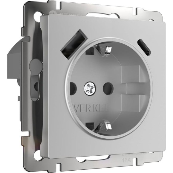 Розетка WERKEL W1171706 с заземлением, шторками и USB тип A+C серебряный a056274