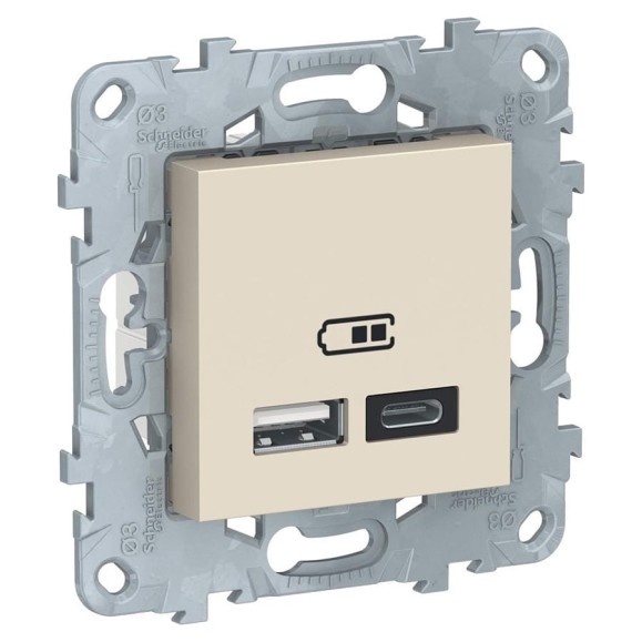 2-местная USB розетка Systeme Electric UNICA NEW тип А+С, 5 В, 2400 мА, бежевый NU501844