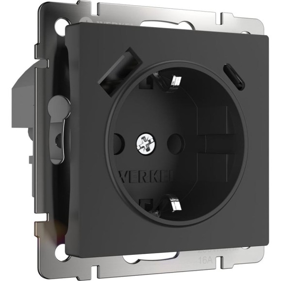 Розетка с заземлением и шторками и USB тип A+C WERKEL W1171708 черный a056275