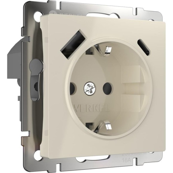 Розетка с заземлением и шторками и USB тип A+C WERKEL W1171703 слоновая кость a056273