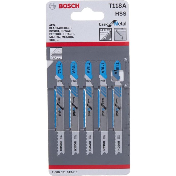 Пилки для лобзика по металлу (67 мм; 5 шт.) HSS T118 A Bosch 2.608.631.013 Пилки для лобзика по металлу (67 мм; 5 шт.) HSS T118 A Bosch 2.608.631.013