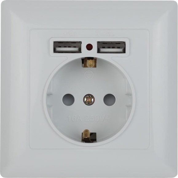 Розетка+USB Intro 441001 PE Schuko со шторками, 16А, 250В 2хUSB, СУ, Solo, Б0043403