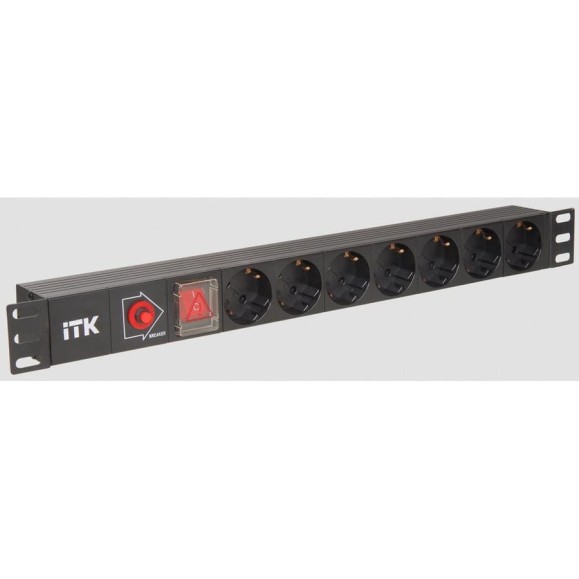 7 розеток IEK ITK PDU нем. стандарт с LED выкл, 1U, без шнура, вх. С14 PH12-7D3