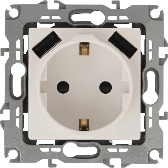 Розетка ЭРА 12410902 2PE, 16A/250В, шторки, с 2xUSB, 5В/3А, 12, слоновая кость, 10/100/2000 Б0047841