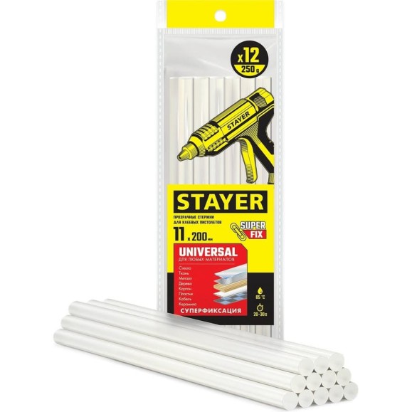 Прозрачные универсальные клеевые стержни STAYER Universal 11х200 мм, 12 шт STAYER 06821-12 Прозрачные универсальные клеевые стержни STAYER Universal 11х200 мм, 12 шт STAYER 06821-12