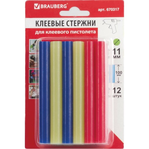 Клеевые стержни цветные (12 шт; 11х100 мм; 6 цветов) BRAUBERG 670317