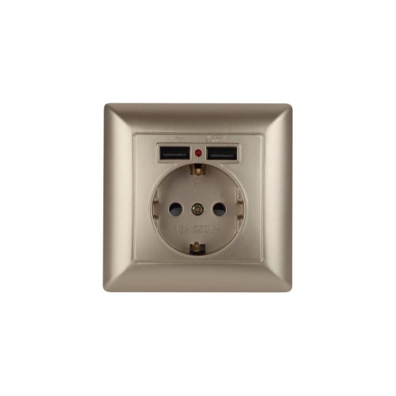 Розетка Intro Solo с заземл P+E Schuko со шторками, 16А-250В + 2хUSB, IP20, СУ, шампань, Б0053716