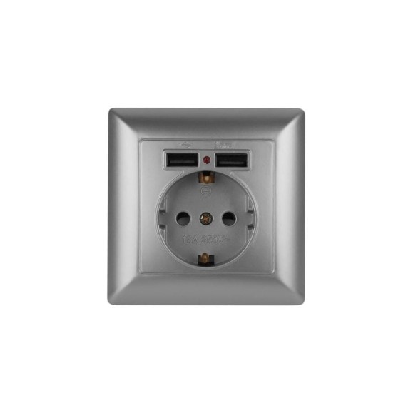 Розетка Intro Solo с заземл P+E Schuko со шторками, 16А-250В + 2хUSB, IP20, СУ, алюминий, Б0053715