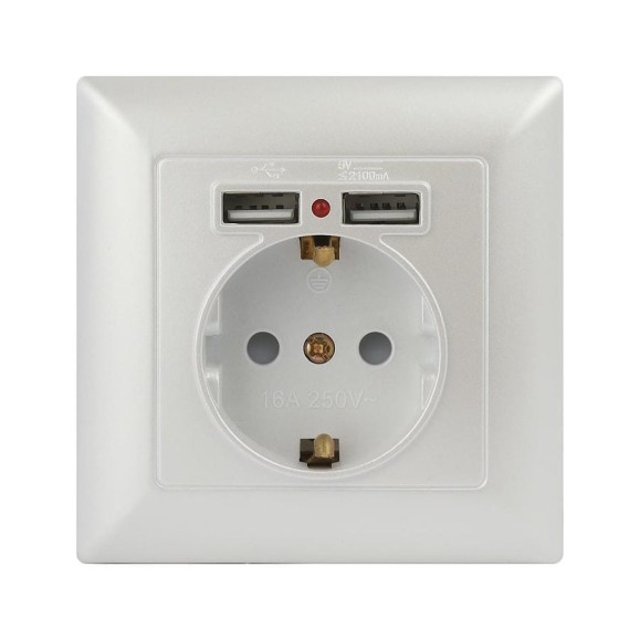 Розетка Intro Solo с заземл P+E Schuko со шторками, 16А-250В + 2хUSB, IP20, СУ, перламутр, Б0053718