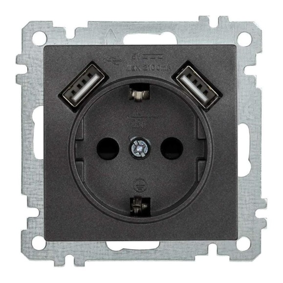 Розетка IEK РЮш10-1-Б с з/к с з/ш 16А USBх2 2,1А BOLERO антрацит ERB14-K95-16-U2